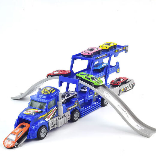 Toy double-decker trailer flatbed remote control children's container truck transport can eject with car model boy car blue three-layer ejectable with 12 cars and delivery track