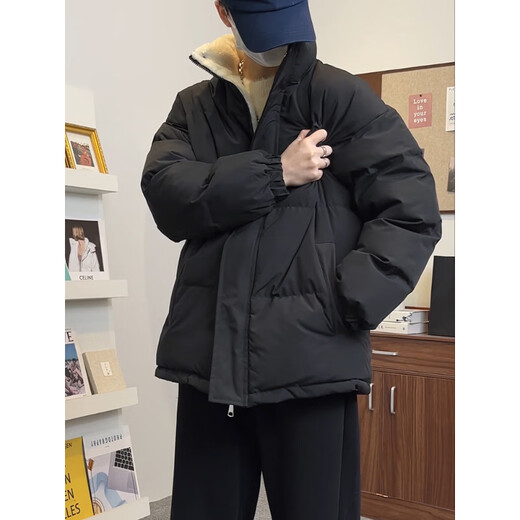 She Manlai Black American Down Jacket Men's Winter Thickened Stand-up Collar Cotton Jacket Lined with Velvet Lambswool Jacket Bread Jacket Black XL