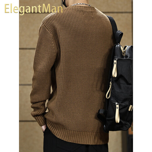 ElegantMan American retro Henry collar sweater for men in autumn and winter thickened loose lazy style vertical striped pullover sweater jacket Khaki S _ Suitable for 90-110Jin Jin equals 0.5 kg