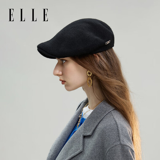 ELLE Autumn and Winter Octagonal Hat Women's Retro Warm Beret Elegant and Versatile Painter Hat Black