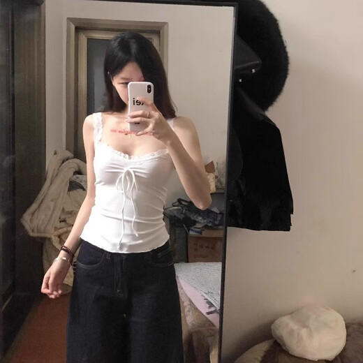 White camisole women's summer bow lace inner bottoming short sweet hot girl outer top white S recommended 75-95Jin Jin equals 0.5 kg
