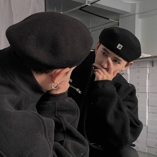 ZNMW men's beret forward hat men's trendy reverse beret cool autumn and winter Korean style black versatile woolen style 20 black one size fits all (56-58cm)