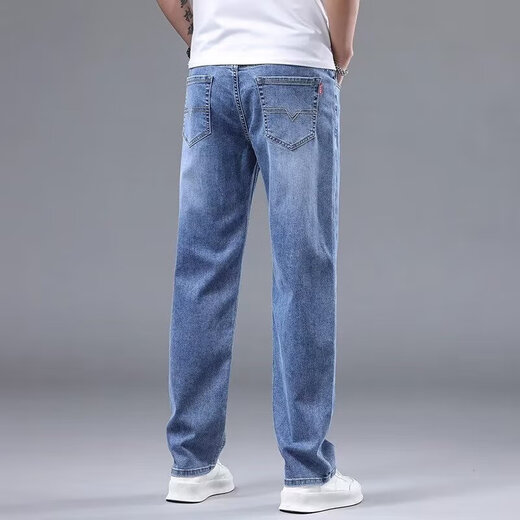 Men's jeans autumn and winter new style loose straight men's trousers stretch large size business casual versatile long trousers for men white and blue 32 waist 2 feet 5