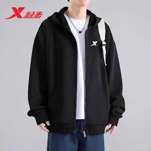 特步卫衣男装运动外套男2025秋冬新款防风纯色夹克男舒适休闲长袖 黑-9276（连帽） S