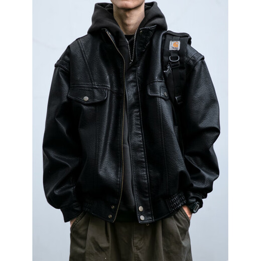 Stylish American retro pebbled leather jacket for men in autumn and winter new handsome motorcycle suit short workwear stand collar jacket trendy black windproof and warm 3XL (suitable for 185-205Jin Jin is equal to 0.5kg)