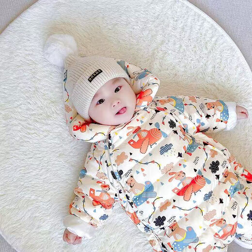 Chengfei Siyu baby one-piece down jacket for winter, thick velvet for men and women to keep warm when going out, infants and young children, beige 80cm