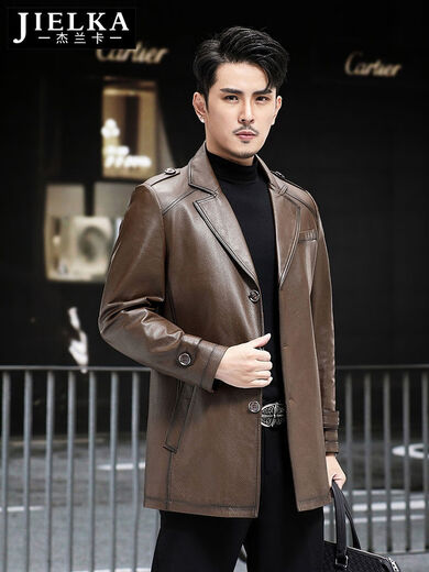 Jeranka autumn and winter new Haining genuine leather jacket for men, first-layer cowhide mid-length genuine leather windbreaker, fashionable casual jacket for men, brown L 170L
