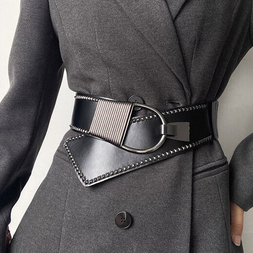 Tokishima wide belt decoration women's black girdle retro belt rivets high-end skirt sweater waist belt jeans black 75*6cm