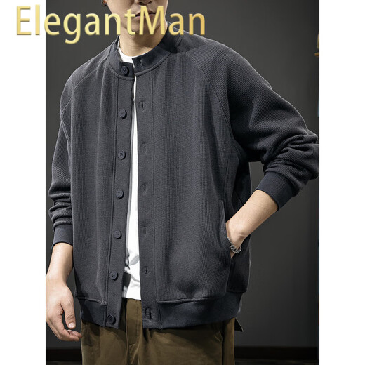 ElegantMan waffle Japanese retro cardigan men's sweatshirt autumn new trend Henry collar top versatile casual jacket dark gray M _Suitable weight-120Jin Jin equals 0.5 kg