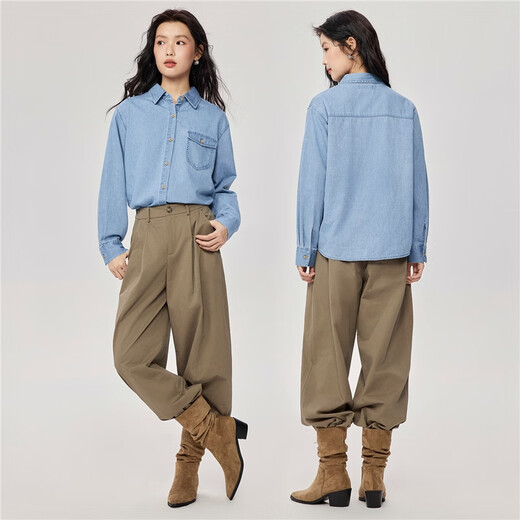 Giordano denim shirt women's retro style pure cotton washed single pocket long sleeve denim shirt 13345862