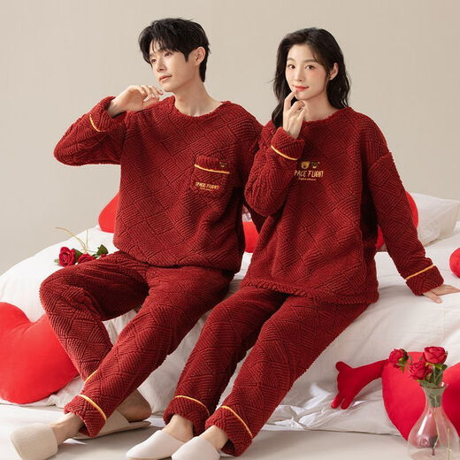 Victoria style suit wedding couple autumn and winter pajamas red autumn and winter thickened animal year plus velvet wedding home clothes coral two sets 7500 M female + male L
