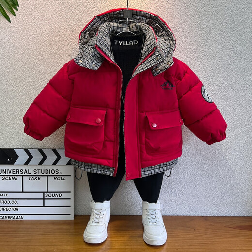 Almighty Little Yellow Duck Boys Thickened Cotton Clothes 2025 Red Plaid Winter Clothes Black 130 cm