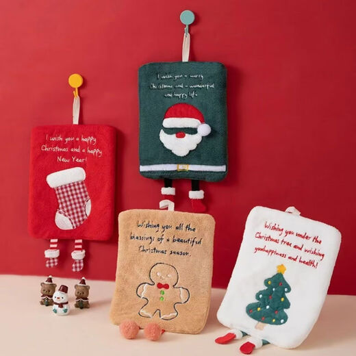 Coral velvet Christmas handkerchief, absorbent and quick-drying, kitchen and bathroom hand towel, hanging Christmas gift, square red Christmas stocking 1 pack