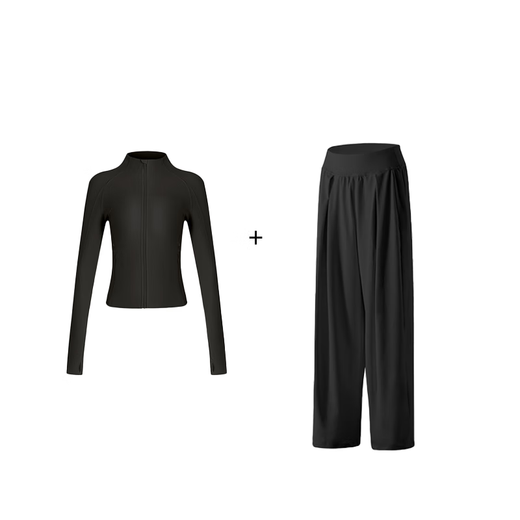 Yoga clothing jacket for women, slim-fitting, quick-drying, stand-up collar, autumn running sports top, Pilates training fitness clothing, long-sleeved black trousers suit (10 yuan off) S
