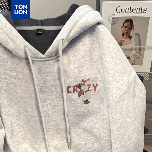 TonLion Men's Hooded Front and Back Printed Plush Cotton Imitation Super Sweatshirt Gray M