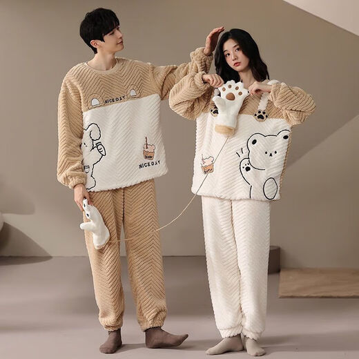 Victoria's style couple's pajamas winter coral velvet thickened and warm one man and one woman cartoon cute home wear outer suit LN9018 M women's + men's L