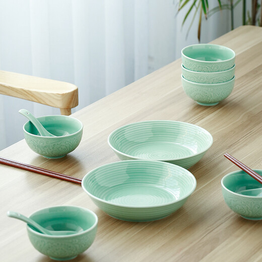 SUSHI CERAMICS Celadon Glazed Ceramic Bowl Flower Blossom Rich Rice Bowl Soup Bowl 6-piece Tableware Set