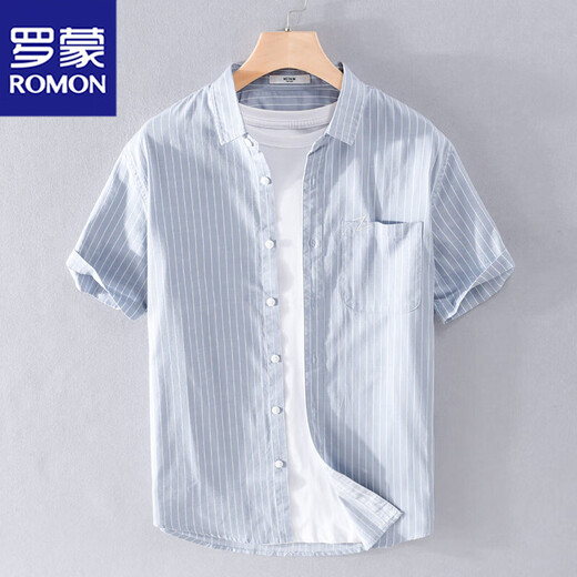Romon men's striped shirt short-sleeved loose summer thin Japanese casual all-match shirt summer clothes 9740 blue XL