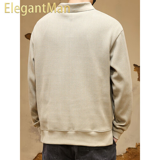 ElegantMan American retro heavyweight waffle POLO shirt men's long-sleeved winter loose Henry shirt tough guy handsome V-neck sweatshirt gray apricot M _ -130Jin Jin equals 0.5 kg