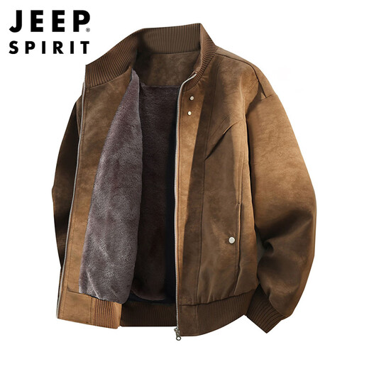 JEEP SPIRIT Jeep velvet thickened suede leather jacket men's autumn and winter high-end jacket coffee plus velvet 4XL