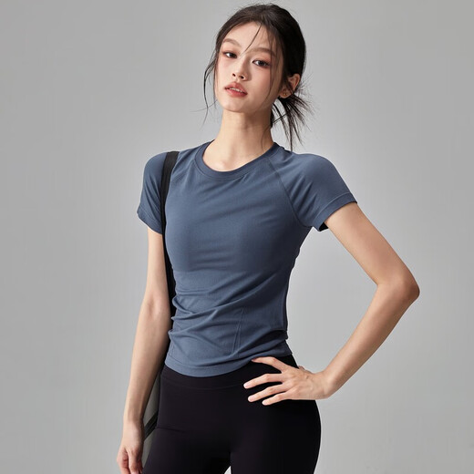 Quick-drying dry yoga clothes short-sleeved women's slimming breathable sports tops running Pilates professional fitness clothes T hemp gray A style S