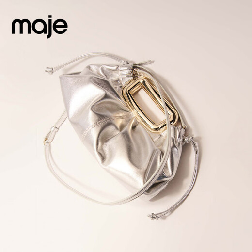Maje2025 Spring and Summer Women's French Fashion Silver Sheep Leather Removable Shoulder Strap Drawstring Back Handbag Clutch Silver TU