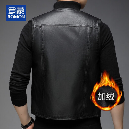 ROMON men's autumn and winter new sleeveless PU leather vest, fashionable and casual, velvet and thickened, trendy and can be worn outside, warm vest
