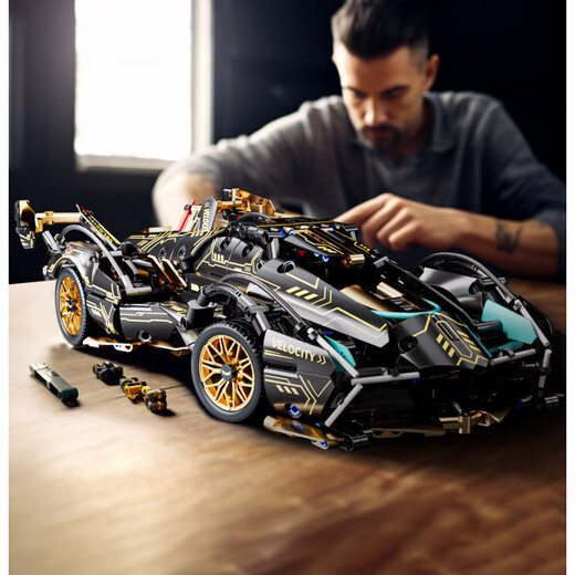 Compatible with LEGO light-changing laser Lamborghini V12 concept sports car model children's toy building blocks remote control car black gold V12-1000+ particles container box