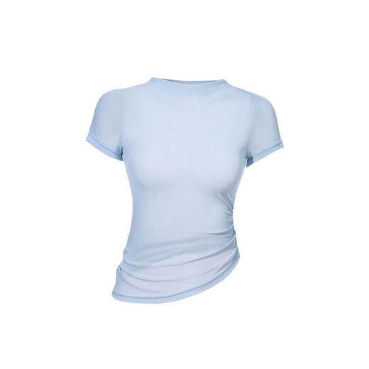 Fitness girl yoga clothes with chest pad, short-sleeved, beautiful back, breathable, quick-drying, slimming, Pilates running sports top, summer, soft mist blue, model A, without chest pad XL XL