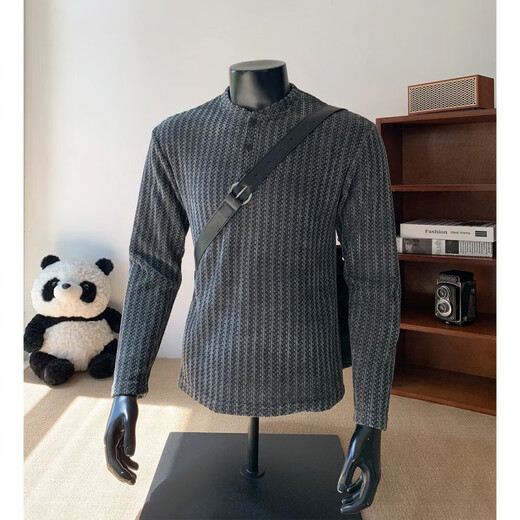 Herringbone Henley Collar Sweatshirt Men's Autumn Trendy Long-Sleeved Bottoming Shirt American Heavyweight Relaxed Hooded Jacket White M