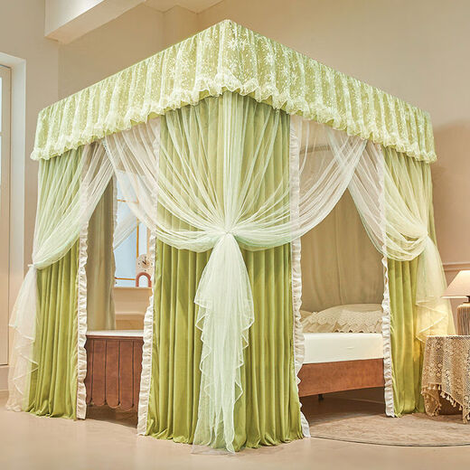 Midele's new double-layer blackout bed curtain mosquito net integrated three-door curtain home palace floor-standing princess bedroom window curtain navy blue mosquito net + curtain + bracket with light 1 point 2 beds x 2m long thickened paint bracket