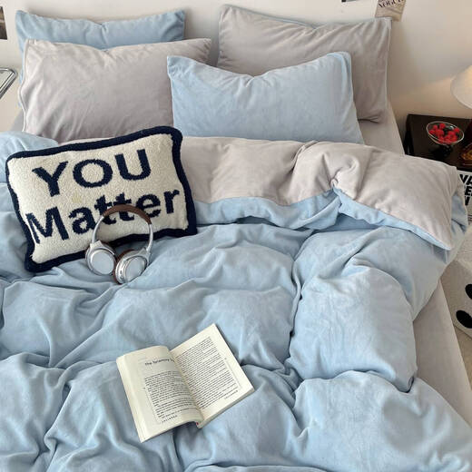 Fantasy winter coral milk velvet duvet cover single piece double-sided thickened flannel duvet cover winter dormitory single plush quilt baby blue + light gray double-sided warm velvet delicate and warm 180x220cm milk velvet duvet cover single piece