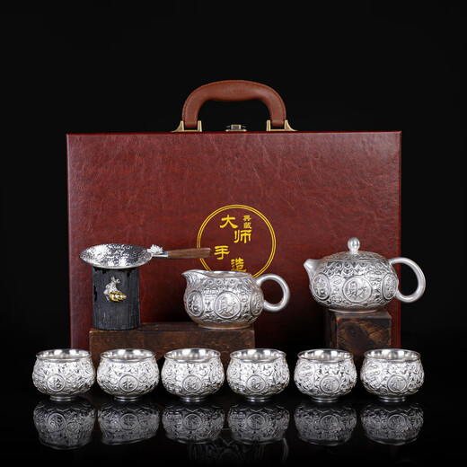 Jiaomingtang 999 sterling silver Kung Fu tea set gift set for leaders and elders to retire, housewarming and retirement practical festival Baifu silver set 10 pieces