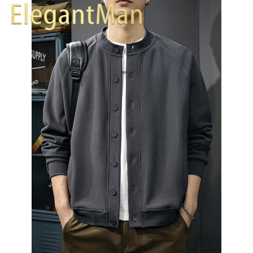 ElegantMan waffle Japanese retro cardigan men's sweatshirt autumn new trend Henry collar top versatile casual jacket dark gray M _Suitable weight-120Jin Jin equals 0.5 kg