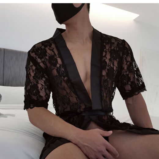 Men's sexy nightgown sexy see-through temptation lace thong gay sexy bathrobe home wear set black nightgown S