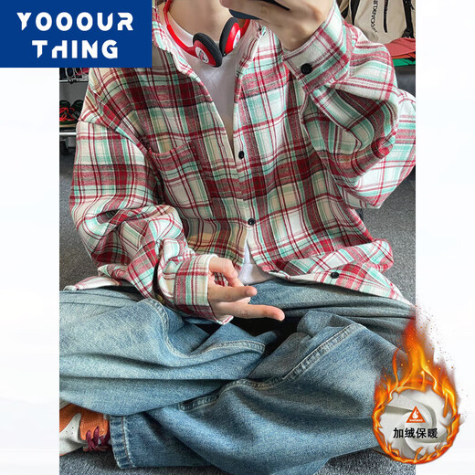 YOOOURTHING美式复古格子衬衫男长袖春秋冬加绒加厚宽松情侣百搭休闲衬衣外套 CJ9734-蓝格 加绒 M (建议90-110斤)