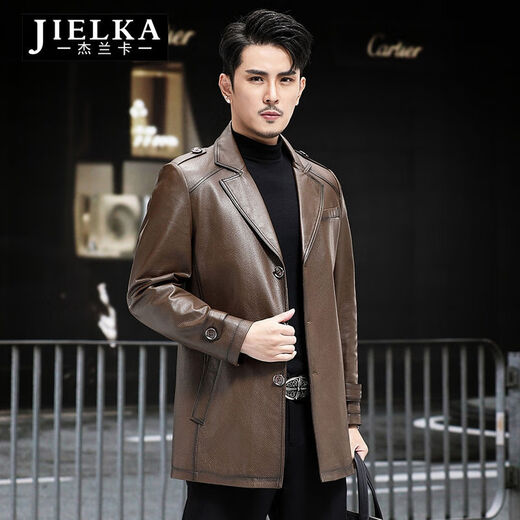 Jeranka autumn and winter new Haining genuine leather jacket for men, first-layer cowhide mid-length genuine leather windbreaker, fashionable casual jacket for men, brown L 170L