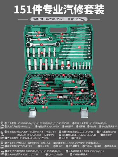Auto repair tool set socket 53-piece set ratchet wrench car repair special tool box Xiaofei 24 teeth 151-piece set
