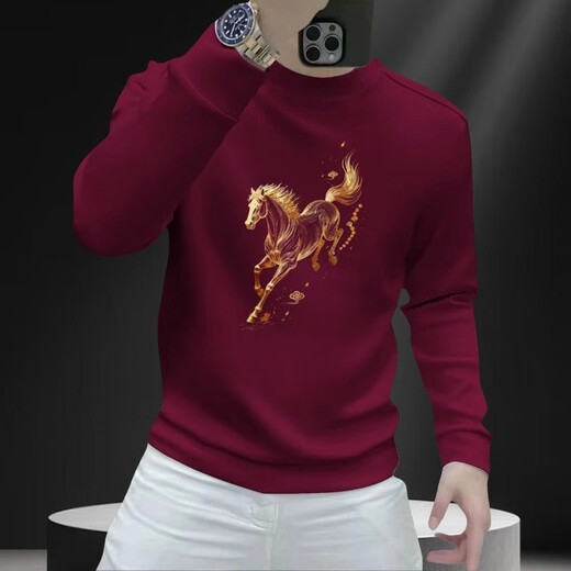 Clothes for the year of the horse and the zodiac year are about to succeed, trendy men's sweatshirts, red printed autumn and winter T-shirts 2, burgundy plus velvet, 4XL