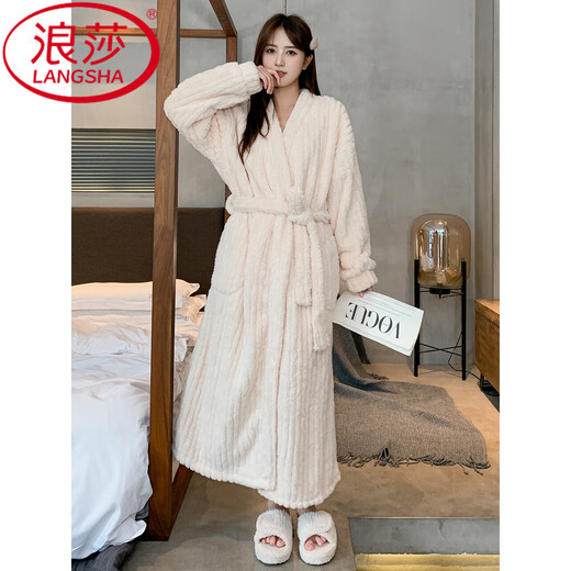 LangSha (LangSha) Nightgown Women's 2025 New Couple's Nightgown Thick Extra Long Flannel Bathrobe Coral Velvet Nightgown Men's Bathrobe Home Clothing Women's M