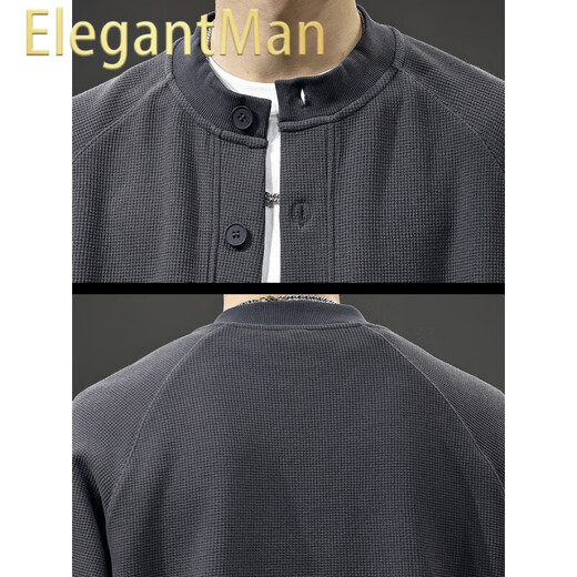 ElegantMan waffle Japanese retro cardigan men's sweatshirt autumn new trend Henry collar top versatile casual jacket dark gray M _Suitable weight-120Jin Jin equals 0.5 kg