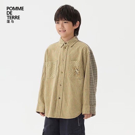Pommedeterre new style Pengma big children's shirt cotton plaid splicing 25 autumn clothing for boys and girls AP9211750 283/khaki 130 cm
