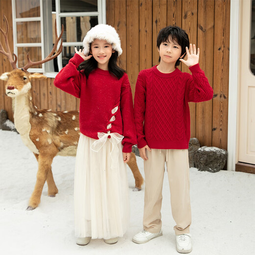 Little Bear Elf (xiaoxiongjingling) parent-child outfit family portrait red national style sweater mother and daughter autumn and winter New Year clothes street sweater father and son twist top men's twist sweater/women's bow sweater 130 boys size 130 (recommended weight 45-55 Jin Jin equals 0.5 kg)