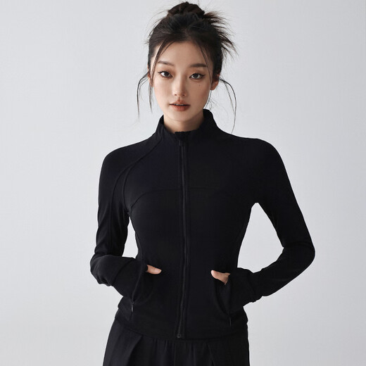 Yoga clothing jacket for women, slim-fitting, quick-drying, stand-up collar, autumn running sports top, Pilates training fitness clothing, long-sleeved black trousers suit (10 yuan off) S