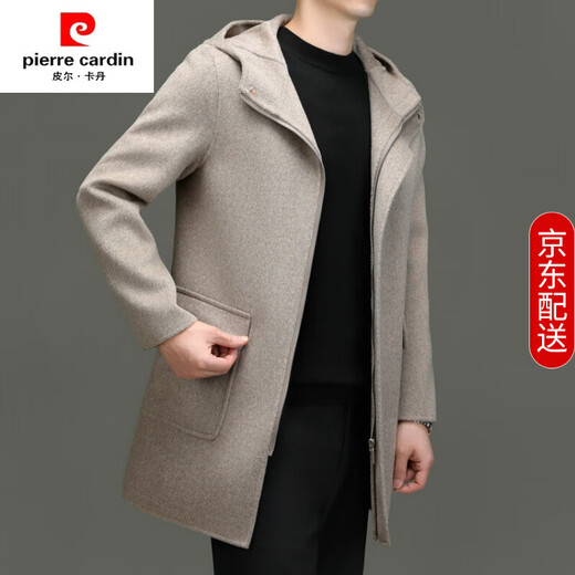 Pierre Cardin brand 100% wool hooded woolen coat men's autumn and winter mid-length double-sided woolen coat casual wool windbreaker black M recommended 110-130Jin Jin equals 0.5 kg