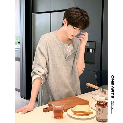 Funny Henry shirt fake two-piece fake two-piece v-neck long-sleeved T-shirt men's summer thin lazy Korean handsome sweatshirt niche light gray M