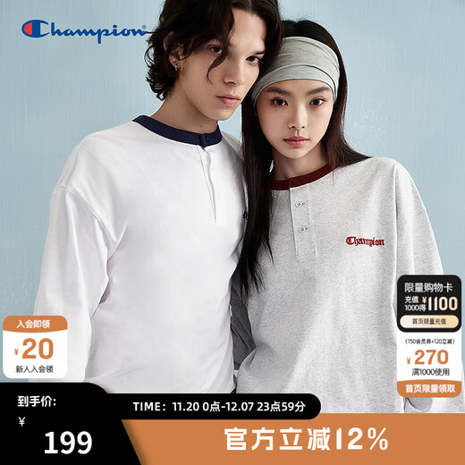 Champion champion long-sleeved T-shirt men's 2025 spring new color-blocked Henry collar bottoming shirt pure cotton top women's twist gray L