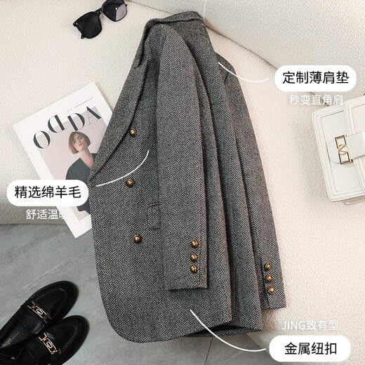 Chenfu woolen suit jacket for women spring and autumn new high-end wool small back slit casual fashion temperament suit regular style gray suit L recommended 105-114 Jin Jin equals 0.5 kg