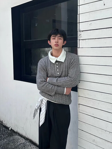 High-end handsome gray Henry collar knitted jacquard Polo shirt men's autumn and winter handsome high-end fake two-piece gray upgraded style M one size fits all