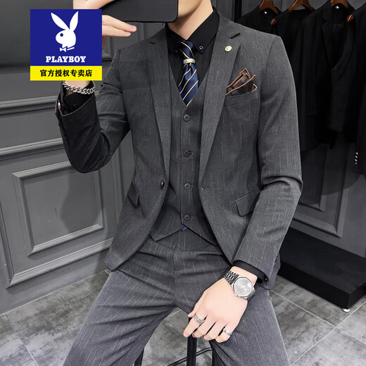 Playboy suit men's suit trendy Korean version slim fit British groom wedding dress business professional black casual suit 1 dark gray texture 9905 suit + trousers with white shirt 3XL 56/160Jin Jin is equal to 0.5 kg wear